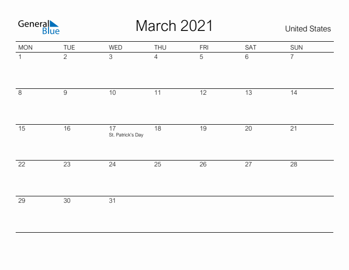 Printable March 2021 Calendar for United States