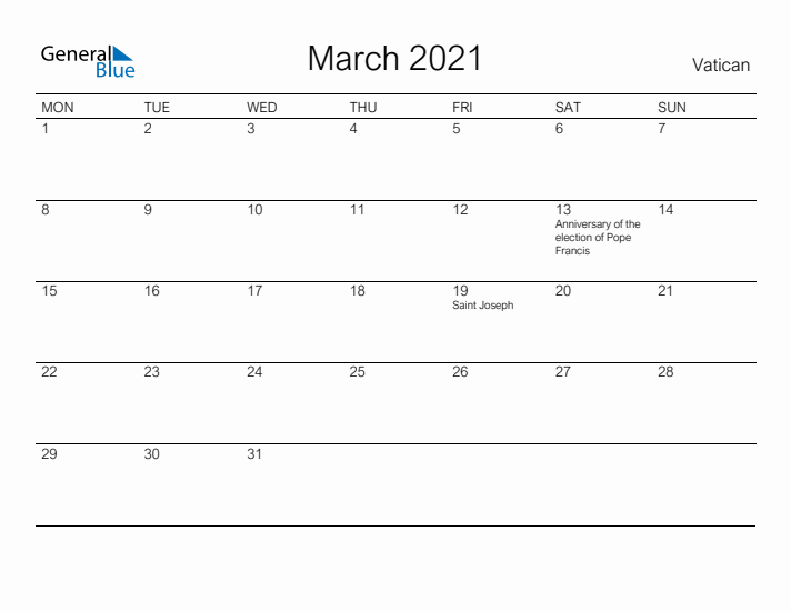 Printable March 2021 Calendar for Vatican