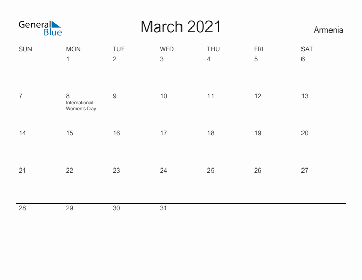 Printable March 2021 Calendar for Armenia