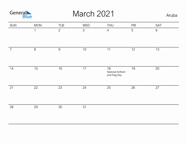 Printable March 2021 Calendar for Aruba