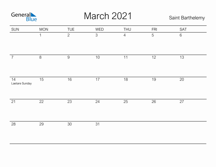 Printable March 2021 Calendar for Saint Barthelemy