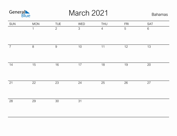 Printable March 2021 Calendar for Bahamas