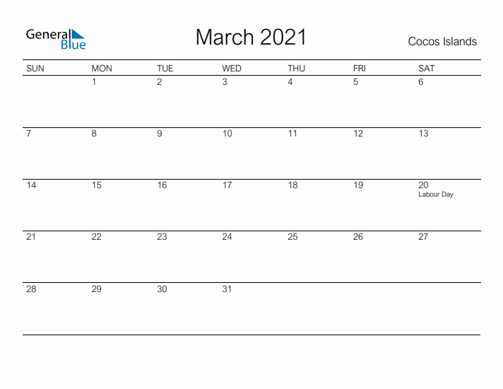 Printable March 2021 Calendar for Cocos Islands