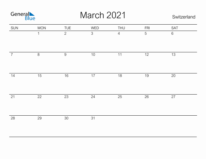 Printable March 2021 Calendar for Switzerland