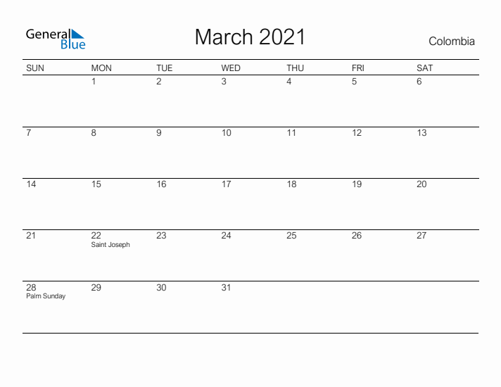 Printable March 2021 Calendar for Colombia