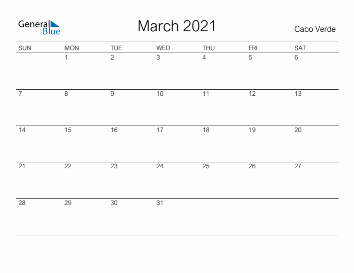 Printable March 2021 Calendar for Cabo Verde