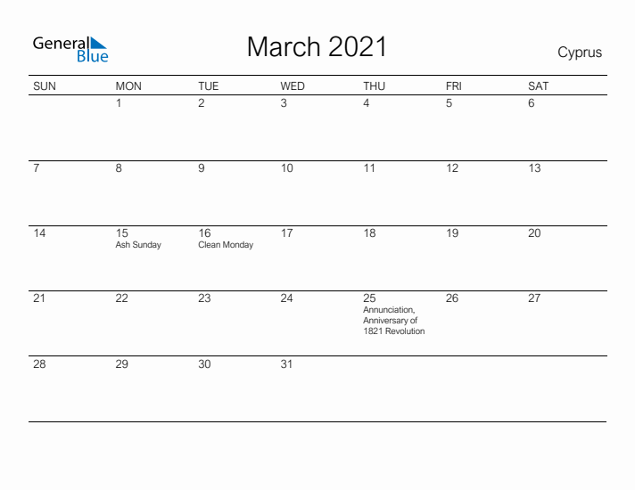 Printable March 2021 Calendar for Cyprus