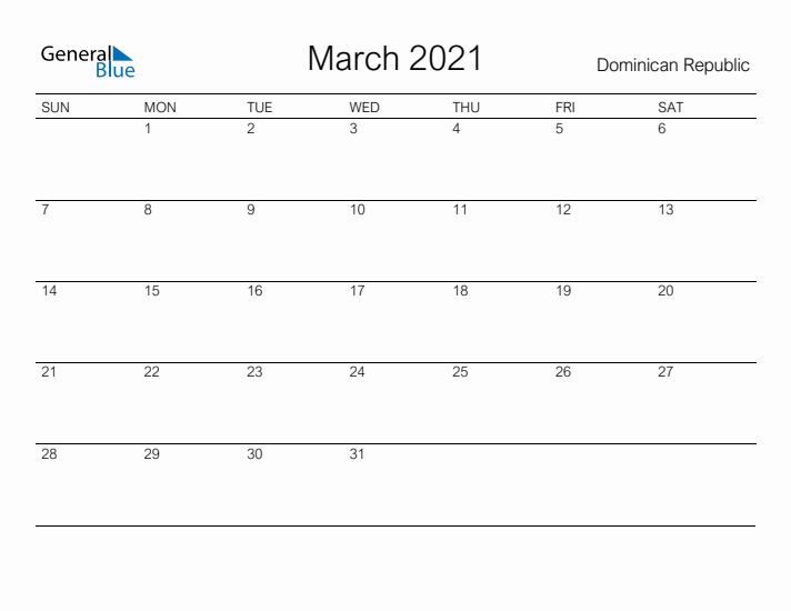 Printable March 2021 Calendar for Dominican Republic