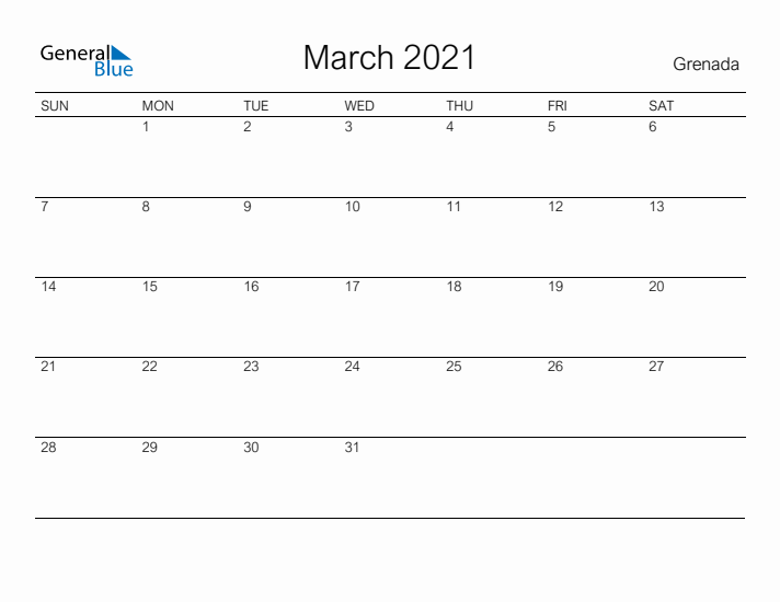 Printable March 2021 Calendar for Grenada