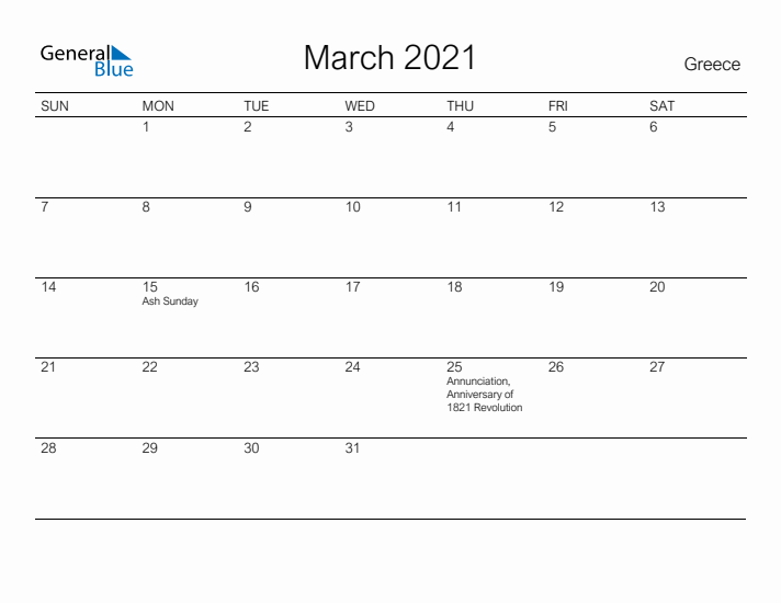 Printable March 2021 Calendar for Greece