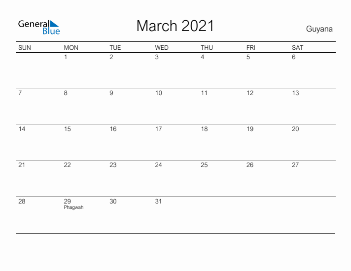 Printable March 2021 Calendar for Guyana