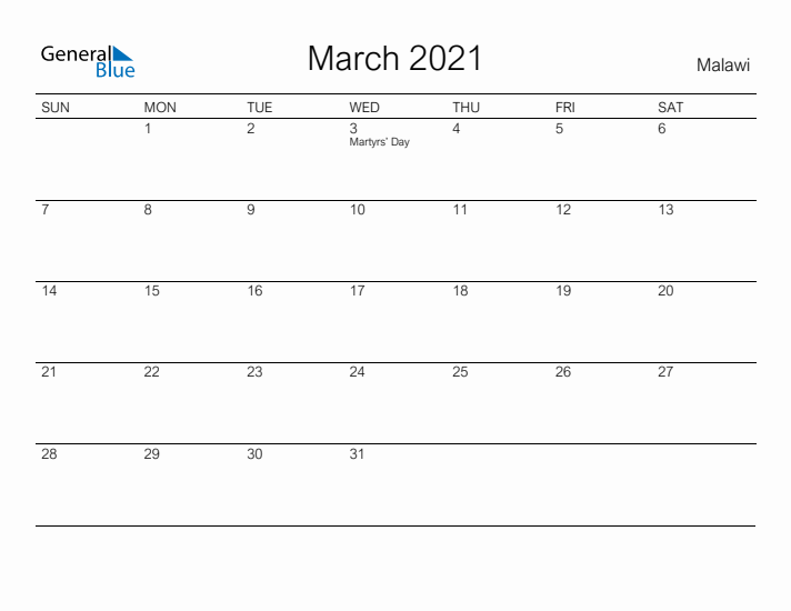 Printable March 2021 Calendar for Malawi