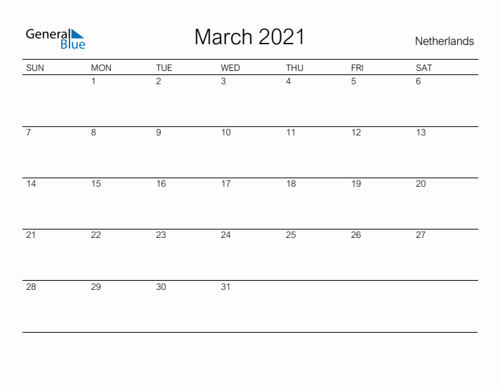 Printable March 2021 Calendar for The Netherlands