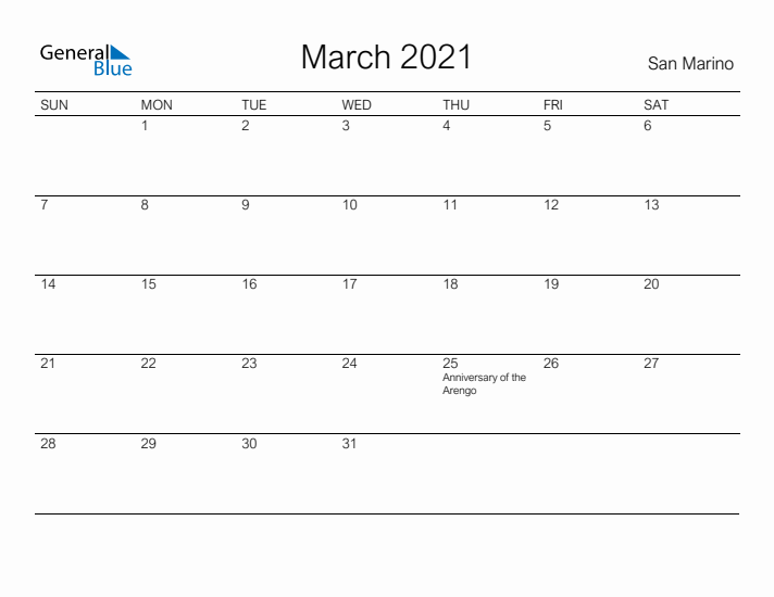 Printable March 2021 Calendar for San Marino