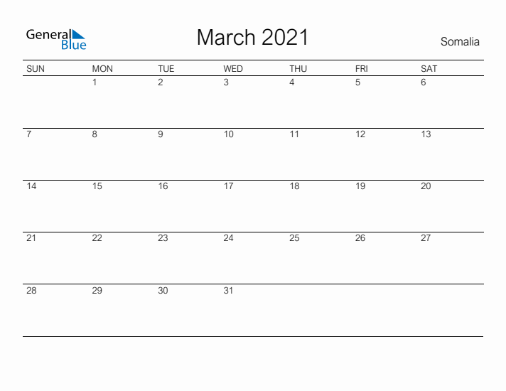 Printable March 2021 Calendar for Somalia