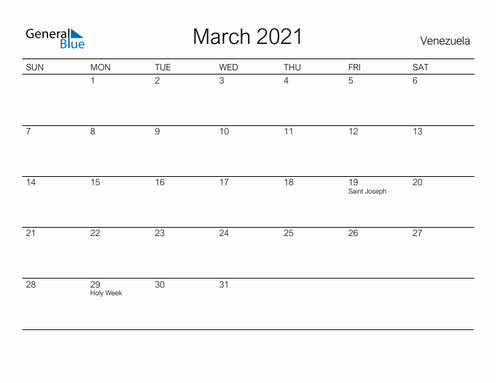 Printable March 2021 Calendar for Venezuela