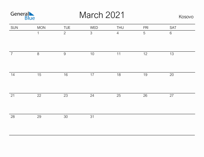 Printable March 2021 Calendar for Kosovo