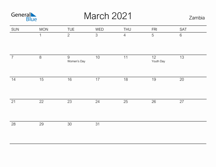 Printable March 2021 Calendar for Zambia