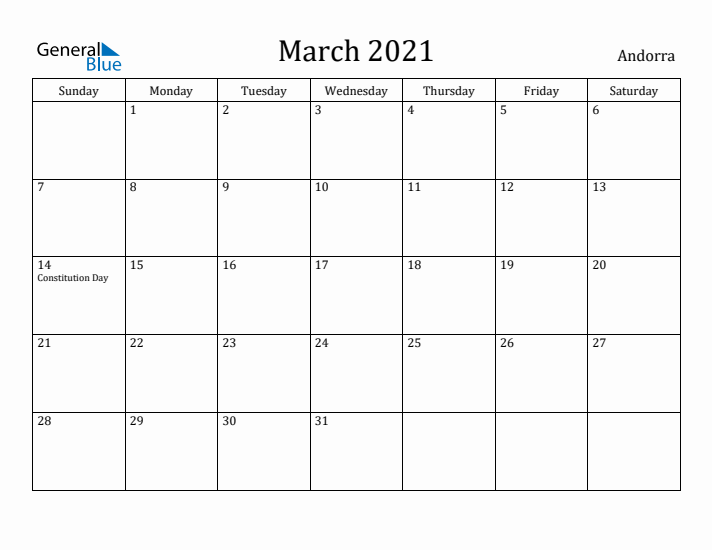 March 2021 Calendar Andorra