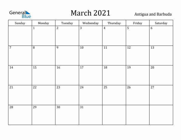 March 2021 Calendar Antigua and Barbuda