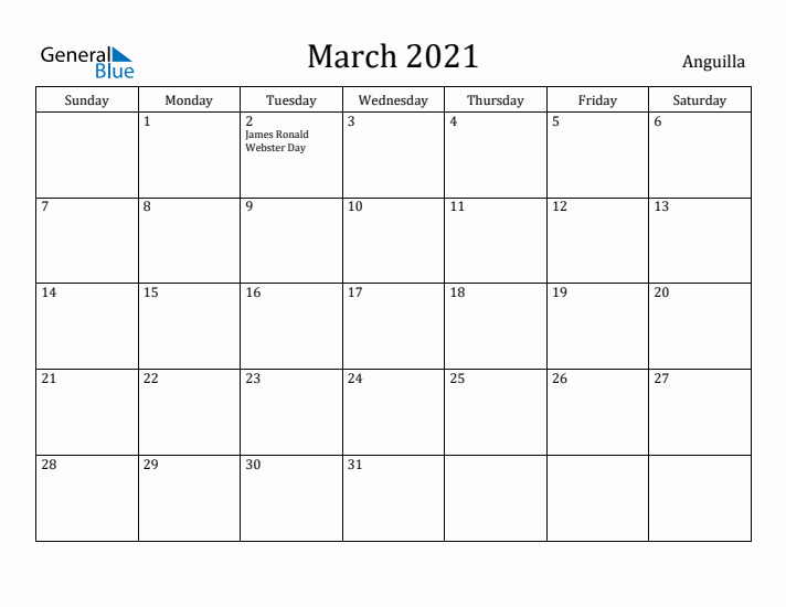 March 2021 Calendar Anguilla