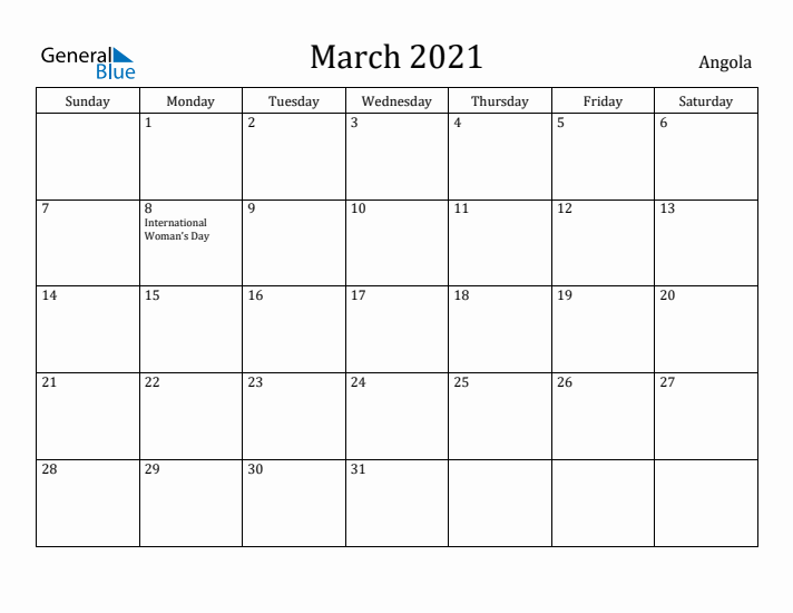 March 2021 Calendar Angola