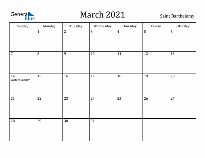 March 2021 Calendar Saint Barthelemy