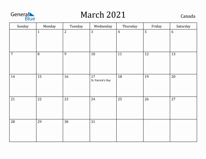 March 2021 Calendar Canada