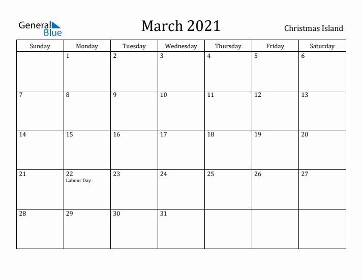 March 2021 Calendar Christmas Island