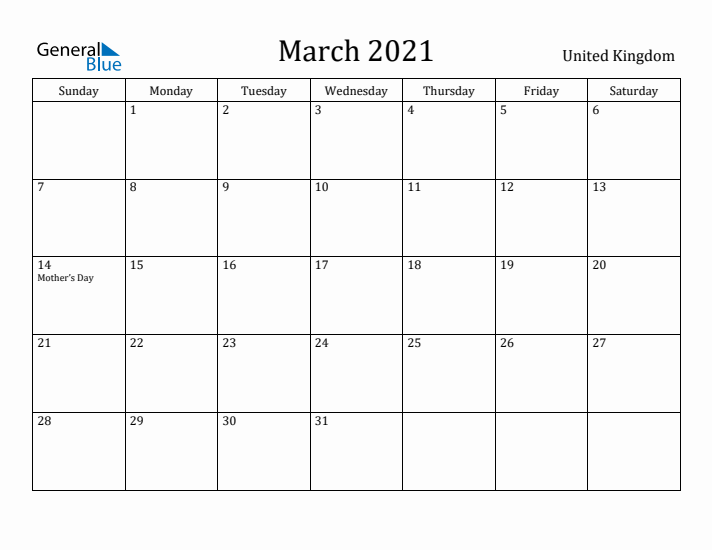 March 2021 Calendar United Kingdom