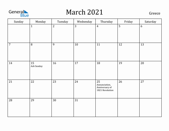 March 2021 Calendar Greece