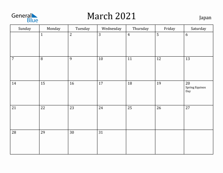 March 2021 Calendar Japan