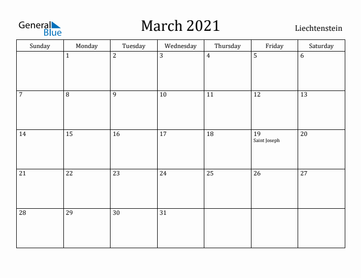 March 2021 Calendar Liechtenstein