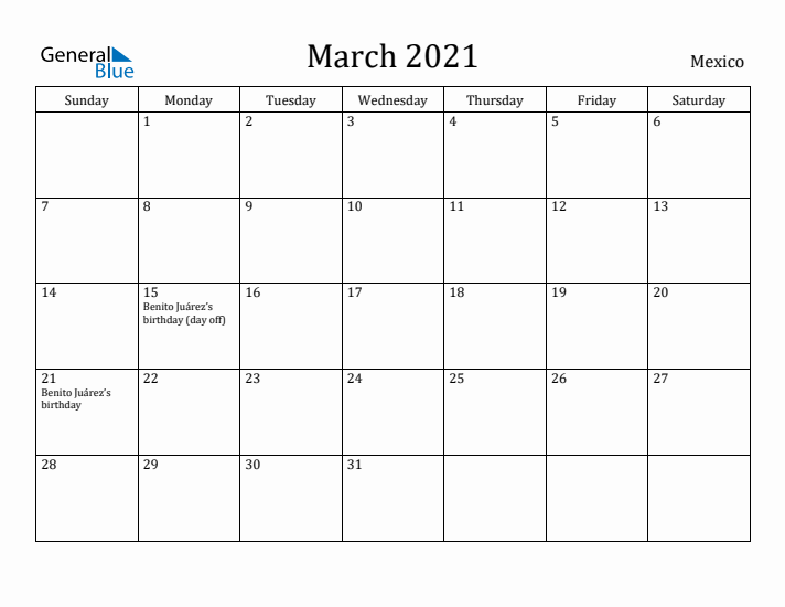 March 2021 Calendar Mexico