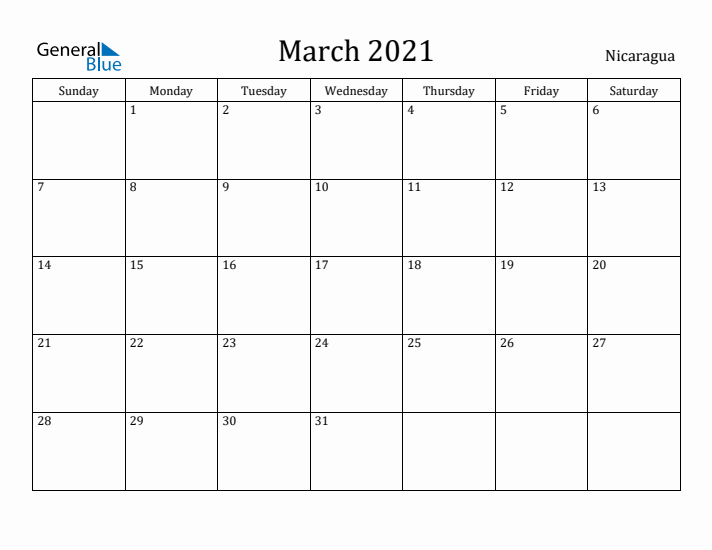 March 2021 Calendar Nicaragua