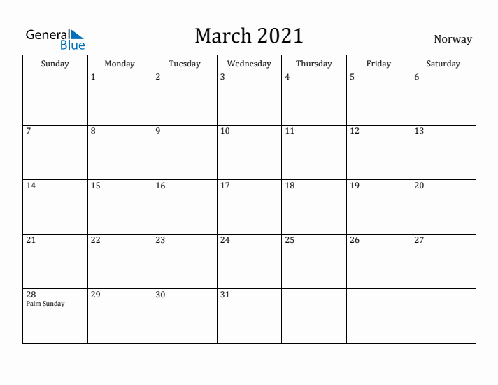 March 2021 Calendar Norway