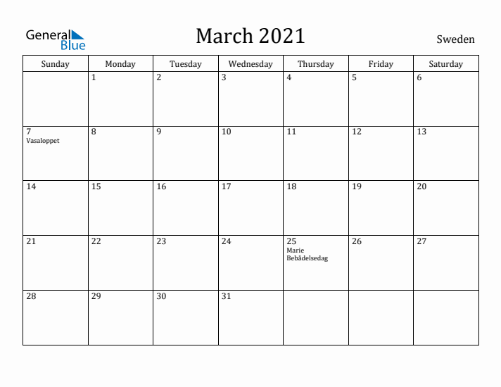 March 2021 Calendar Sweden