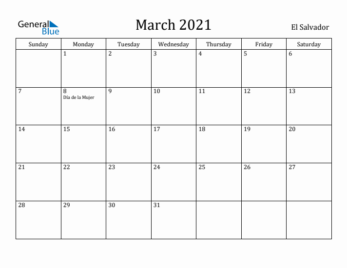 March 2021 Calendar El Salvador