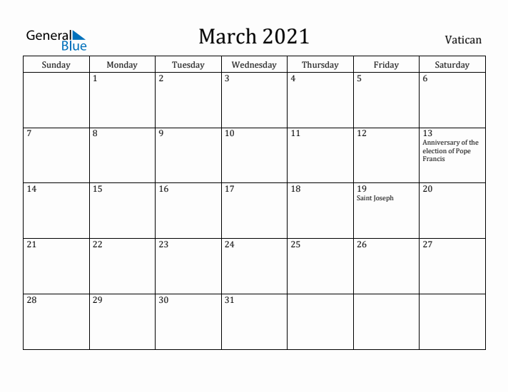 March 2021 Calendar Vatican