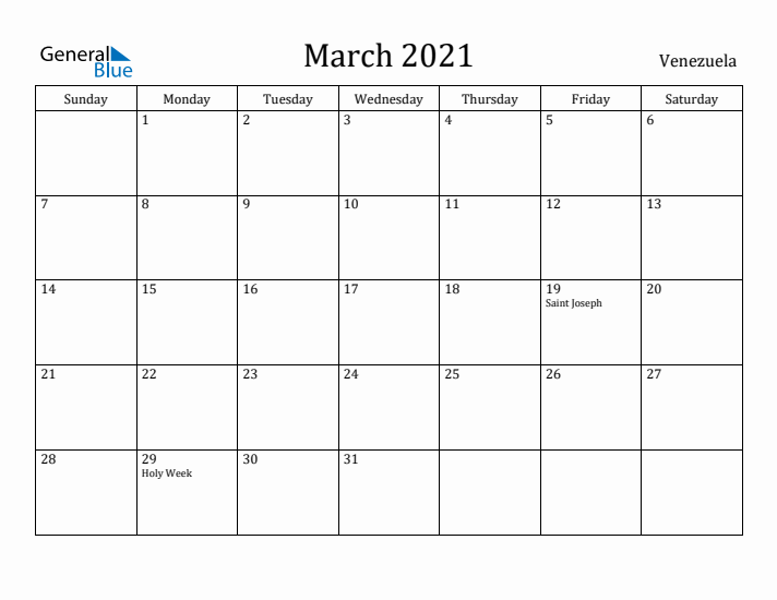 March 2021 Calendar Venezuela