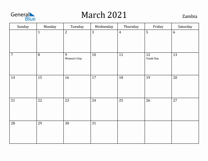 March 2021 Calendar Zambia