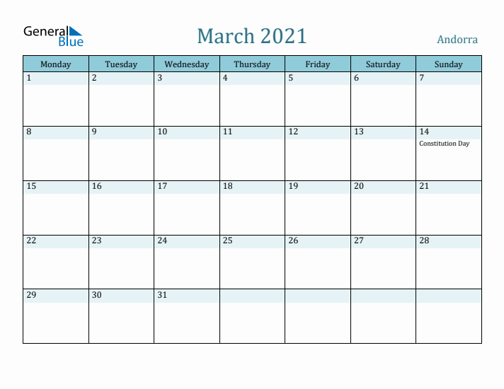 March 2021 Calendar with Holidays