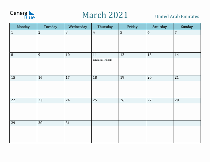 March 2021 Calendar with Holidays