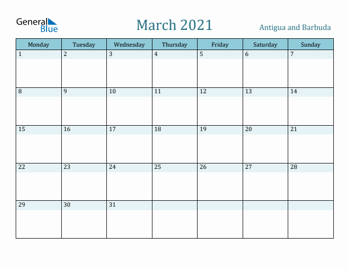 March 2021 Calendar with Holidays