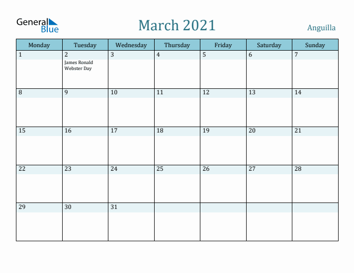 March 2021 Calendar with Holidays