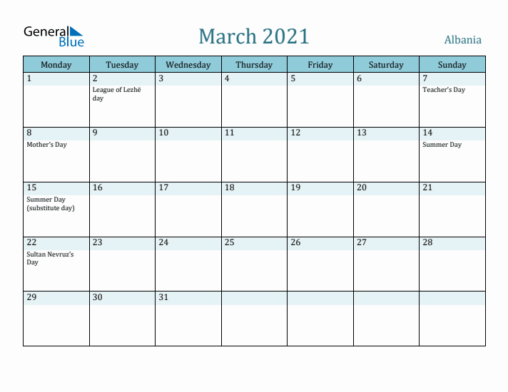 March 2021 Calendar with Holidays