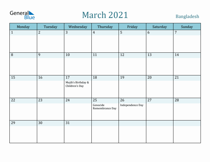 March 2021 Calendar with Holidays