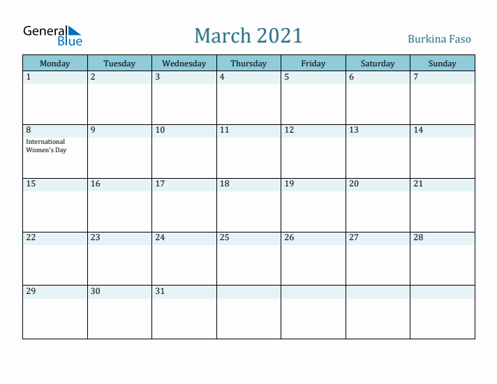 March 2021 Calendar with Holidays