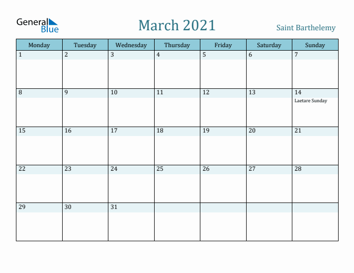 March 2021 Calendar with Holidays