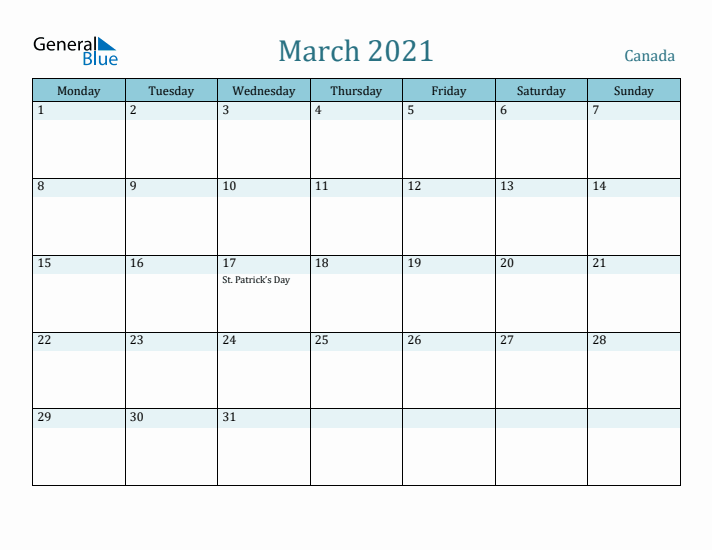 March 2021 Calendar with Holidays